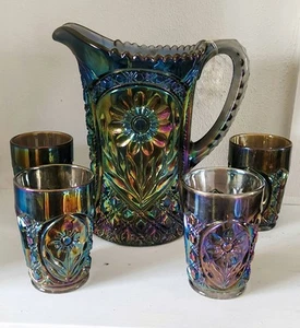 Imperial Diamond Lace Electric Purple Carnival Pitcher With 4 Glasses - Picture 1 of 2