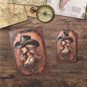 Passport Holder & Luggage Tags | Vintage Destressed Leather Look | Cowgirl - Picture 1 of 5