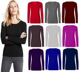 Women's Plain T-shirt Ladies Long Sleeve Scoop Neck T Shirt Top Plus Size 8-26.. - Picture 1 of 20