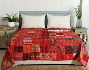 Indian Silk Patola Hippie Bohemain Queen Bedcover Kantha Quilt Hand Stitched - Picture 1 of 4