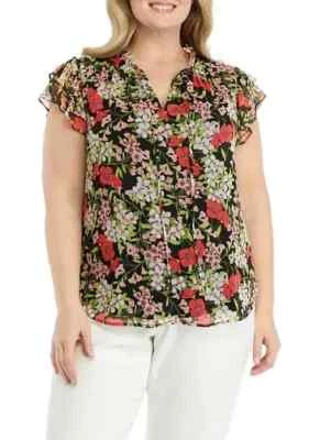 Blusa para mujer Anne Klein estampado floral con volantes escote corbata manga corta XL Foto 1 de 4