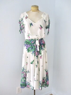 Vestido Discoteca De Colección Años 70 Púrpura Floral Chifón Cordón Hombros Cintura Gota en V S/M Foto 1 de 4