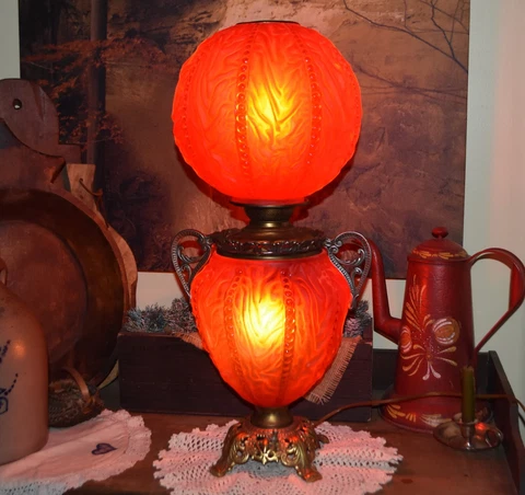 Beaded Drape Red Satin GWTW Lamp w/Handles Pittsburgh Lamp B&G Electric C:1901 Cover