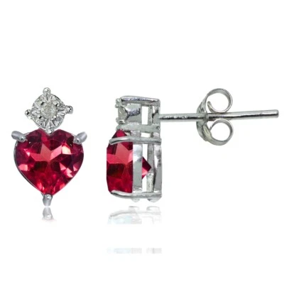 Sterling Silver Created Ruby and Diamond Accent Heart Drop Stud Earrings - Image 1 of 3