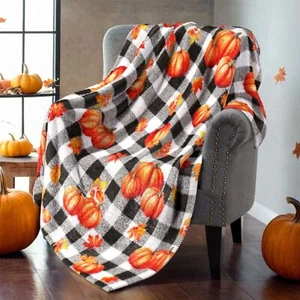 Fall Throw Blanket Pumpkin Leaves Plaid Flannel Blanket for Couch Bed Sofa So... - Picture 1 of 7