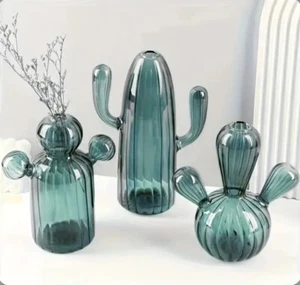 3 Piece Set Cactus Glass Vase,Boho, Handblown For Flower, Decorations, Crystal, - Picture 1 of 2