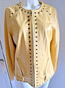 JACKE Bradley by Bradley Bayou (Gr. L) gelb Leder große Nieten Moto Neu ohne Etikett - Bild 1 von 11