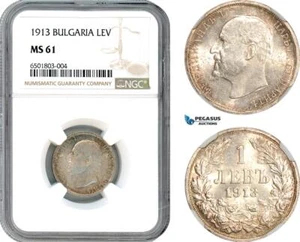 AH843, Bulgaria, Ferdinand, 1 Lev 1913, Vienna Mint, Silver, NGC MS61 - Picture 1 of 1