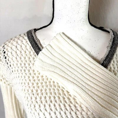 Soft Surroundings Sweater Women's Sz L White Open Knit Boho Vintage Gray Pockets - Image 1 of 4