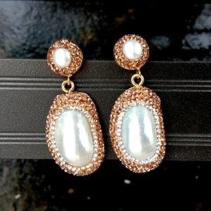 Natural White Sea Shell Golden Crystal Pave Dangle Earrings Design Earring - Picture 1 of 6