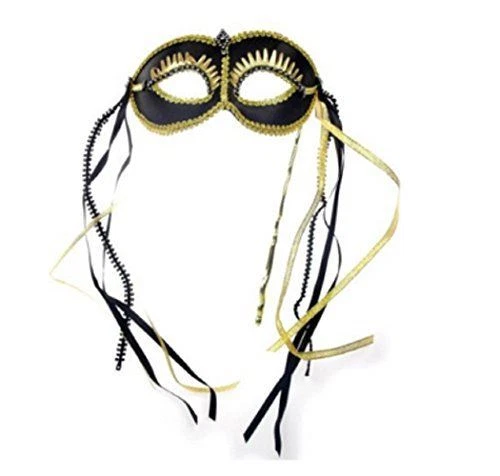 Mardi Gras Half Stick Mask - Eyelashes - Black/Gold - Costume Accessory - Adult - Image 1 of 1