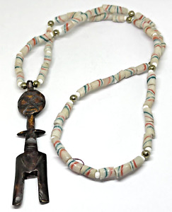 Primitive Blue &Red Glass African Trade Bead Necklace, Carved Fertility Pendant