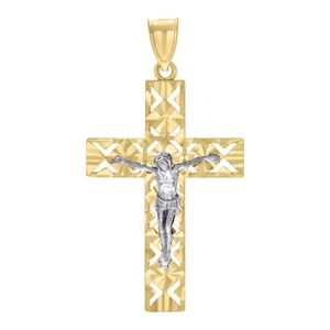 10k Two Tone Gold Crucifix Cross Religious 3.9g Diamond Cut Pendant For Mens - Picture 1 of 1