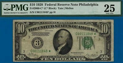 1928 $10 Federal Reserve Note PMG 25 Redeemable in Gold Numerical Star - Image 1 of 2