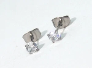 Implant Grade Titanium Stud Earrings Hypoallergenic 4mm Pair Cubic Zirconia - Picture 1 of 4