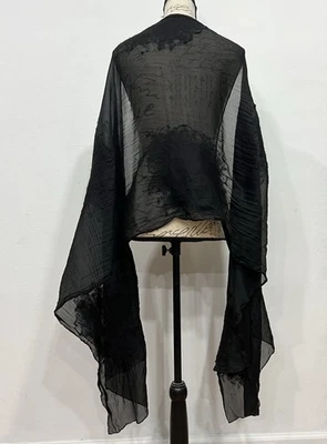 Eileen Fisher Silk Wool Patches Black Sheer Scarf Whimsy Goth Art To Wear - Image 1 of 4