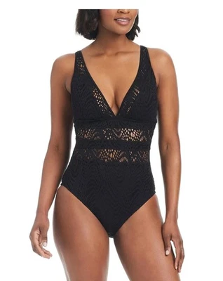 Traje de baño Bar III de una pieza de ganchillo con cuello profundo para mujer, negro XS Foto 1 de 4