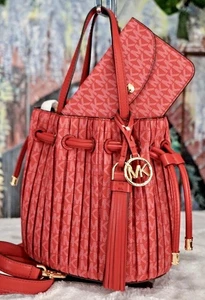 Michael Kors Willa Pleated Logo Grab Tote Crossbody Bag + Wallet, Sangria, NWT - Picture 1 of 7