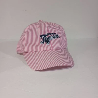 Detroit Tigers Pink White Striped Baseball Cap OS Kamanos Cancer Institute - Image 1 of 4