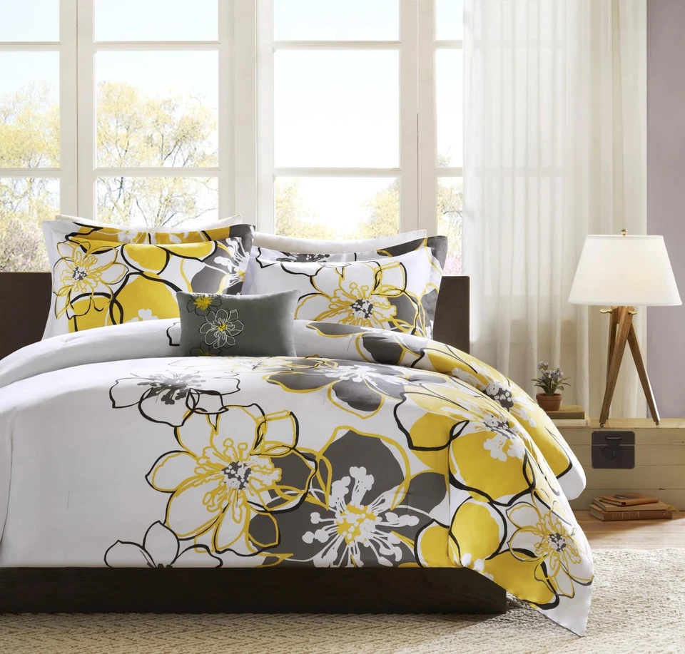 Allison Yellow Grey Floral Queen Comforter Set Bedding Soft Microfiber - Image 1 of 4