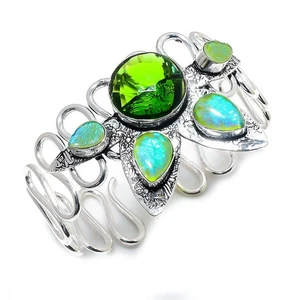 Peridoto, Ópalo Gema Hecho a Mano 925 Plata de Ley Puño Pulsera Ajustable - Imagen 1 de 5