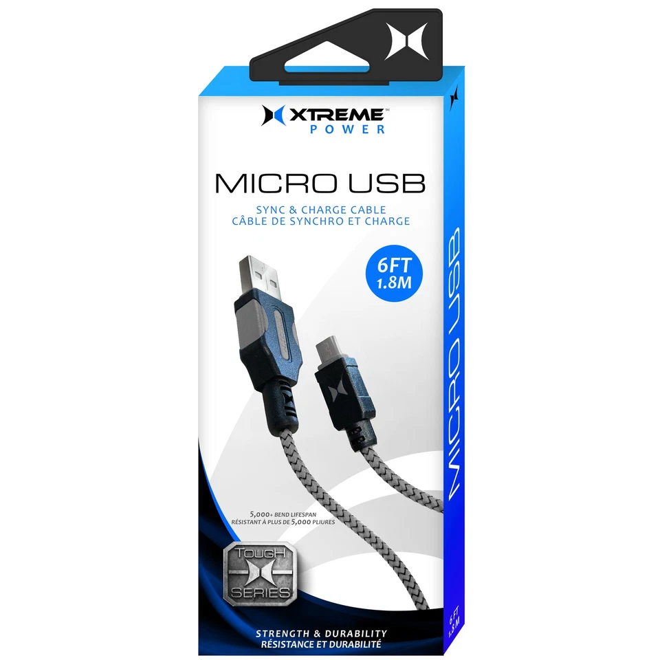 Cable de carga y sincronización micro USB trenzado Xtreme de 6 pies (negro y gris) XAS8-1013-BLY Foto 1 de 4
