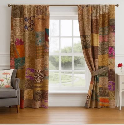 Cortina de Seda India Retazos Marrón Cortina Puerta Decoración Boho Seda Hippie Cortinas Foto 1 de 2