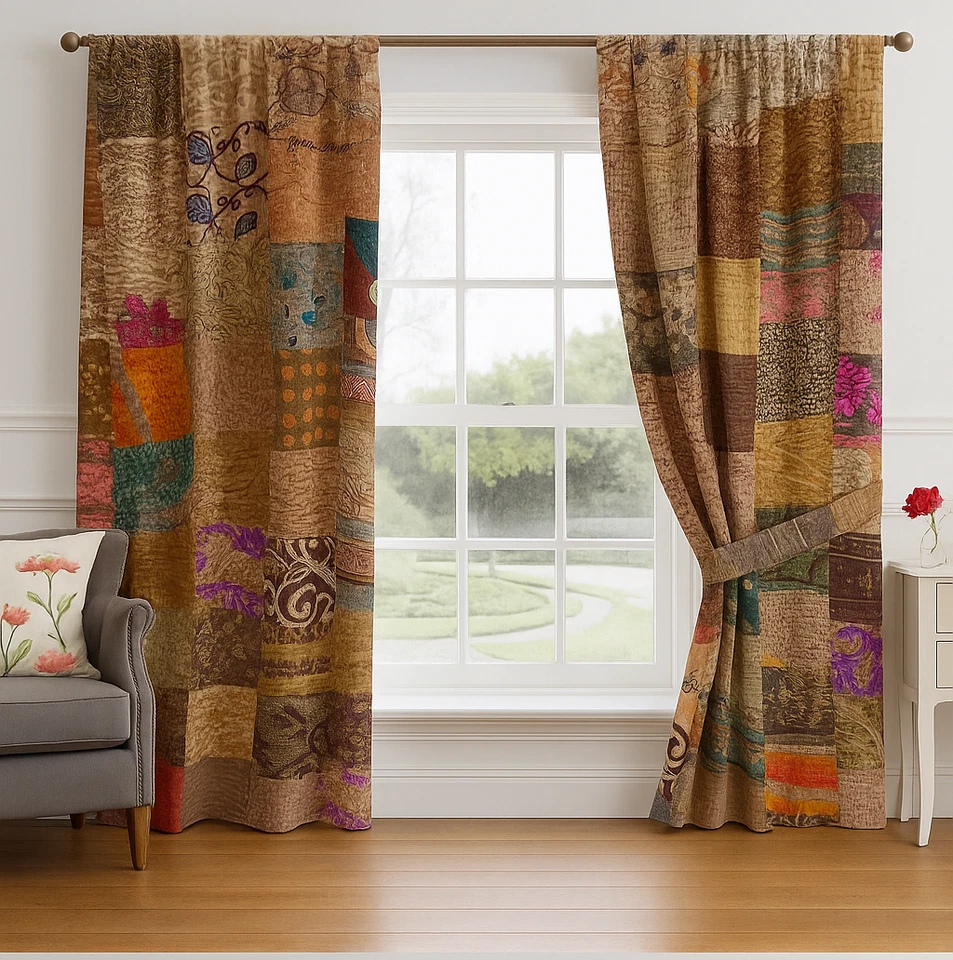 Cortina de Seda India Retazos Marrón Cortina Puerta Decoración Boho Seda Hippie Cortinas Foto 1 de 2