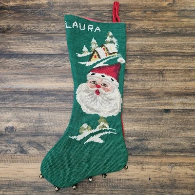 Needlepoint Handmade Christmas Stocking Santa Red Green 16" - Изображение 1 из 4