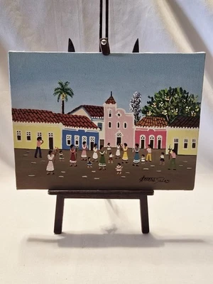 Acrylic painting naive art  Brazilian street scene Signed By Helena Sales - Image 1 of 4
