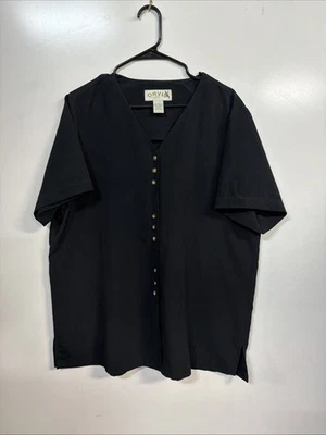 Hermosa Blusa Para Mujer XL Poliéster Orvis Negra Manga Corta Botón Foto 1 de 4