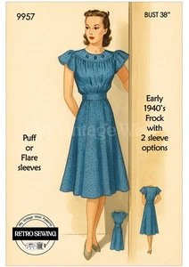 1940s Pretty Tea Dress Sewing Pattern with Two Sleeve Options | Bust 38″ - Picture 1 of 2