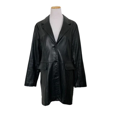 Vintage Y2K Longline Black Leather Jacket Women’s L John Carlisle Pockets - Image 1 of 4