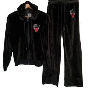 Chicago Bulls Velour Outfit Set XS Black Zip Hoodie Sweatsuit Pants Hoodie NBA - Picture 1 of 16