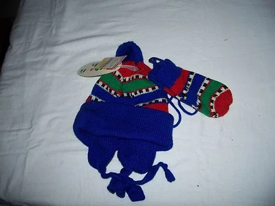 Michael's Kids 男孩匹配针织帽和手套套装复古蓝色印花全新带标签 — 第 1/2 张图片