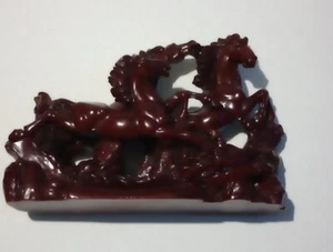 Vintage Chinese 3 Wild Horses Galloping Red Enameled Cast Resin Sculpture Figure - Picture 1 of 12