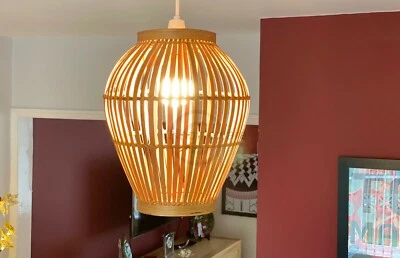 Pantalla de bambú hecha a mano, pantalla de techo o mesa colgante redonda, marrón L007 Foto 1 de 4