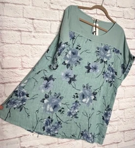 XL/1X New LUNGO L’ARNO Italy Linen Aqua Blue Floral Top Blouse Denim Black White - Picture 1 of 16