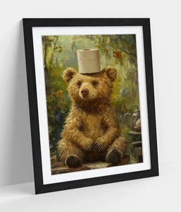 BEAR WITH TOILET PAPER ON ITS HEAD -FRAMED WALL ART POSTER PAPER PRINT - Picture 1 of 10