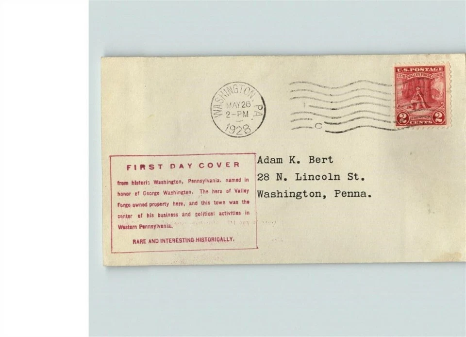 FIRST ADAM BERT Cachet on VALLEY FORGE # 645 First Day of Issue, 1928 - Image 1 of 1