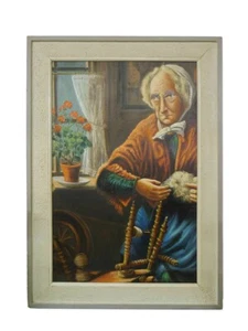 Bild Ölbild Gemälde Portrait mit Rahmen "Alte Frau am Spinnrad" 122x87x6 (5304) - Picture 1 of 3