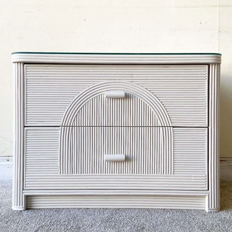 Bohemian White Pencil Reed Glass Top Nightstand/End Table Cover