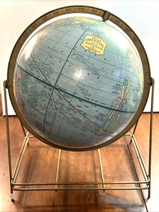 Vintage World Globe MCM Metal Square Stand George F Crams Co Schoolhouse Blue - Picture 1 of 13
