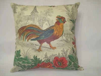 Colorful French Toile Rooster and Flowers Accent Decorative Throw Pillow Cover - Image 1 of 4