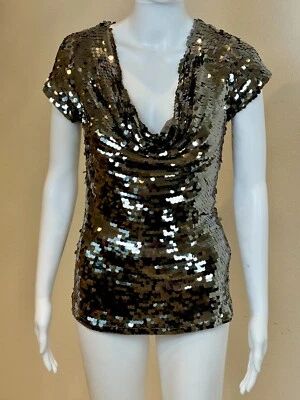 Sexy Top INC Para Mujer S Lentejuelas Plateadas Capucha Cuello Manga Corta Fiesta Cóctel Glamour Foto 1 de 4