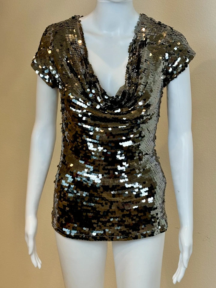 INC Top Womens S Silver Sequin Cowl Neck Short Sleeve Party Cocktail Glam Sexy - Image 1 of 4