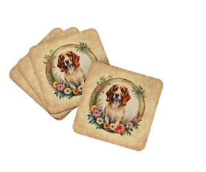 Brittany Spaniel and Flowers Foam Coaster Set of 4 Dac2105Fc
