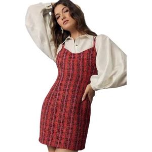 Neu mit Etikett Anthro Endless rosa rot/rosa Boucle Wollmischung Tweed Bustier Minikleid S - Bild 1 von 8