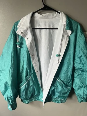 Jaqueta corta-vento reversível vintage anos 90 turquesa e branca tamanho G - Imagem 1 de 4