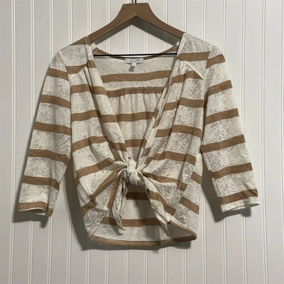 Vtg dELiA*s L Lace Sheer Stripe Tie Front Crop Top Y2K Mesh Cardigan Indie - Image 1 of 4